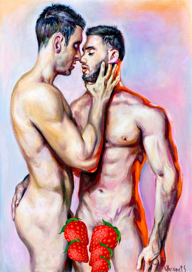 Valentin Ukrainets (Ukraine,b 1965) oil painting: ARTIST: Valentin Ukrainets (Ukrainian, born 1965) TITLE: Male Nudes - Fiery Passion (titled on verso) MEDIUM: oil on canvas CONDITION: Unstretched (In-House stretching avail
