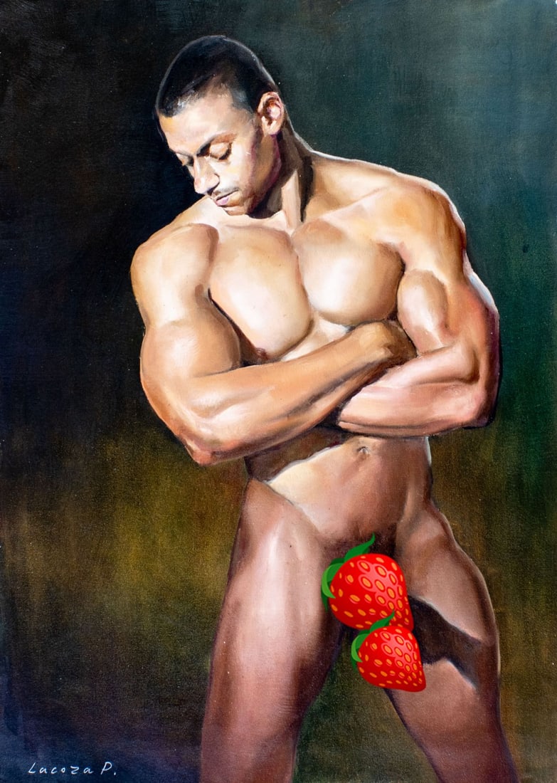 Pavel Lacoza (Ukraine,b 1975) oil painting: ARTIST: Pavel Lacoza (Ukrainian, born 1975) TITLE: Male Nude - Light and Shadows (titled on verso) MEDIUM: oil on canvas CONDITION: Unstretched (In-House stretching availabl