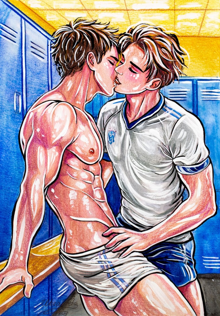 Alex Ukrainets (Ukraine,b 2001) mixed media painting: ARTIST: Alex Ukrainets (Ukrainian, born 2001) TITLE: Male Nudes - Whispers in the Changing Room (titled on verso) MEDIUM: mixed media on heavy paper CONDITION: Overall good.
