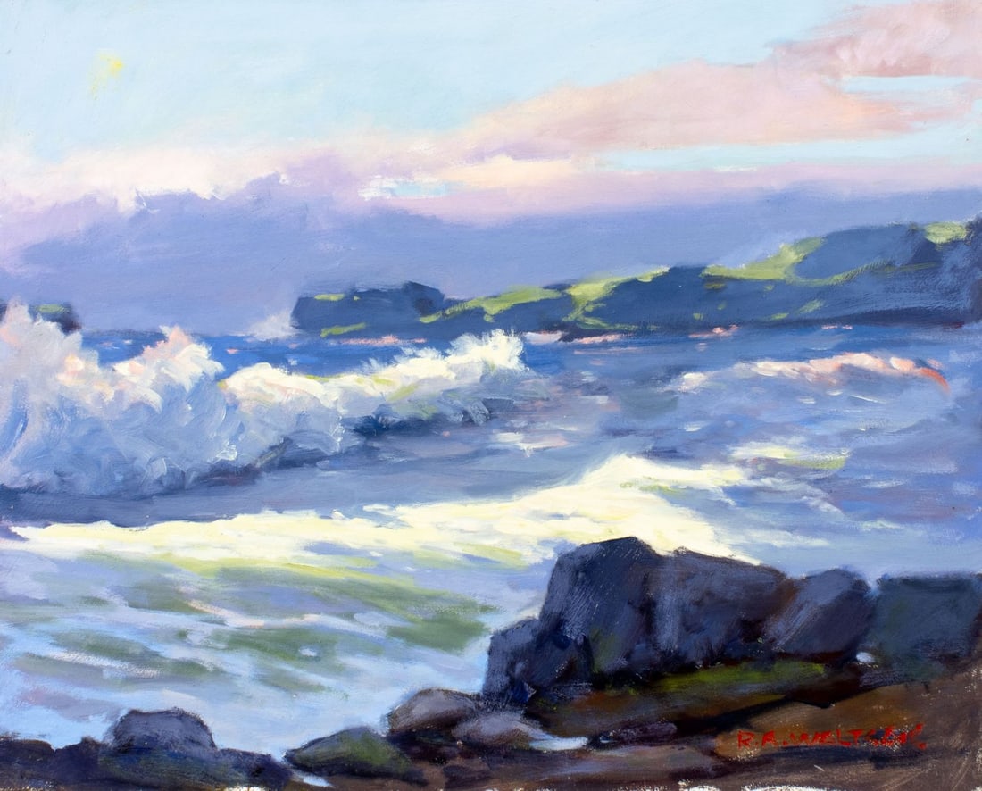 Robert Waltsak (NJ,b 1944) oil painting: ARTIST: Robert Alan Waltsak (New Jersey, born 1944) TITLE: Sunset Seascape MEDIUM: oil on board CONDITION: Few very minor paint losses along edges. No visible inpaint under