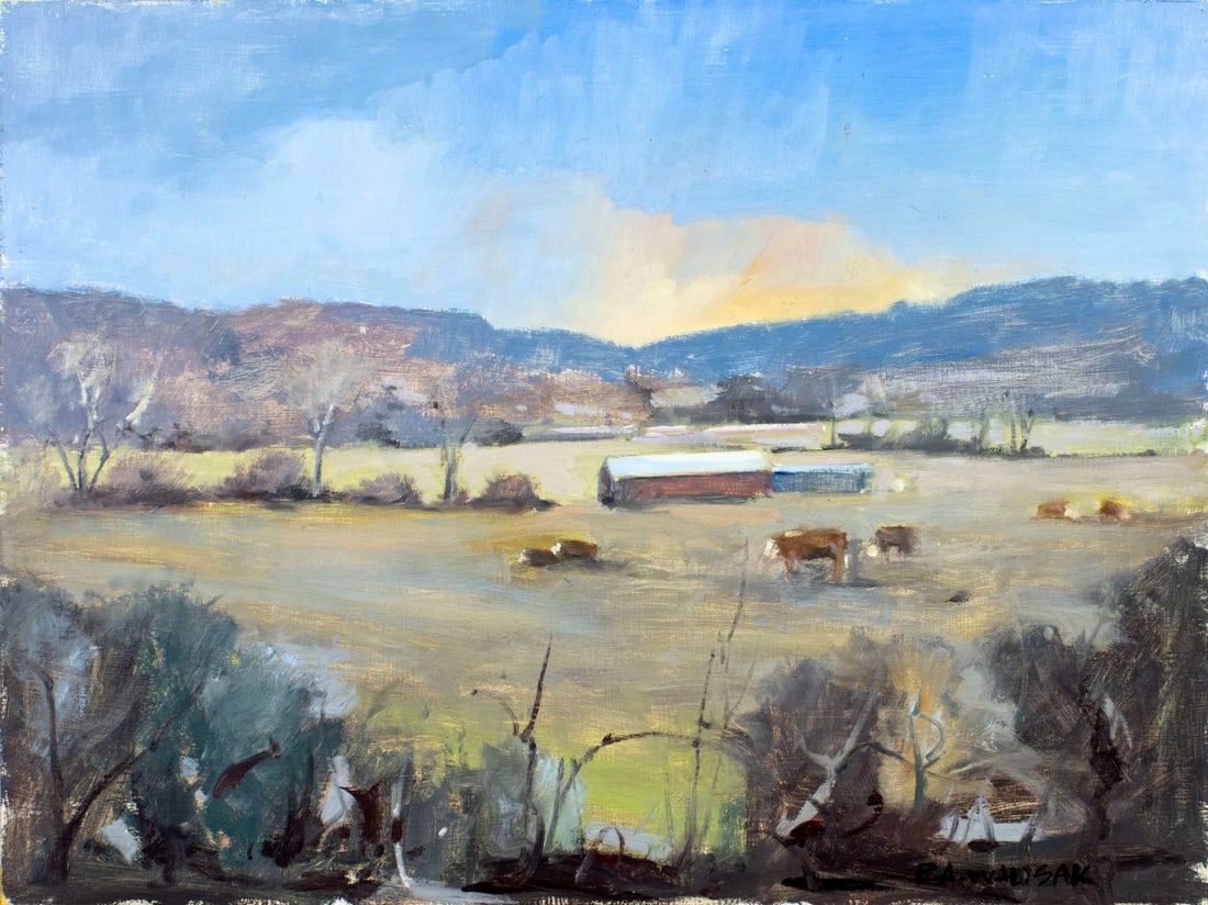 Robert Waltsak (NJ,b 1944) oil painting: ARTIST: Robert Alan Waltsak (New Jersey, born 1944) TITLE: Farm Landscape with Cows MEDIUM: oil on board CONDITION: Few minor scratches/paint losses. No visible inpaint unde