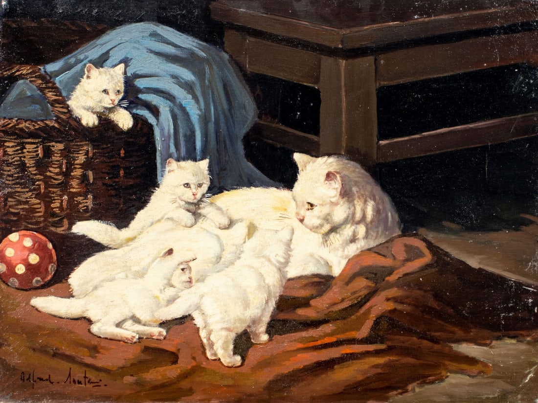 Alfredo Santini (Italy,1931-?) oil painting: ARTIST: Alfredo Santini (Italian, 1931 - ???) TITLE: Mother Cat with Kittens MEDIUM: oil on board CONDITION: Few minor scratches/paint losses. No visible inpaint under UV