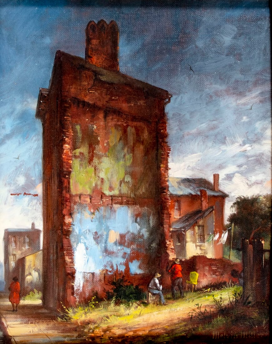Melvin Miller (MD,1937-2007) oil painting: ARTIST: Melvin Orville Jr Miller (Maryland, 1937 - 2007) TITLE: Street Scene MEDIUM: oil on canvas CONDITION: Overall good. No visible inpaint under UV light. A