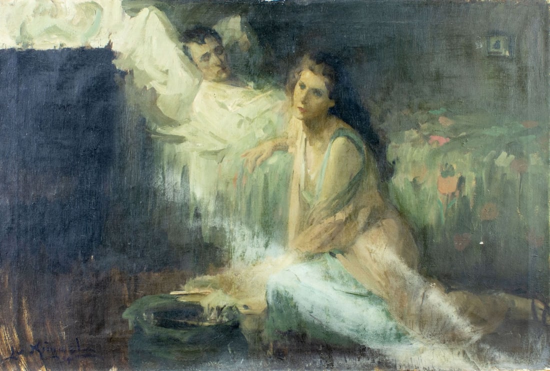 Lu Kimmel (NY,1905-1973) oil painting: ARTIST: Lu Kimmel (New York, 1905 - 1973) TITLE: Dying Man MEDIUM: oil on canvas CONDITION: Some small paint losses. Some craquelure. Some scattered small inpaintings. No