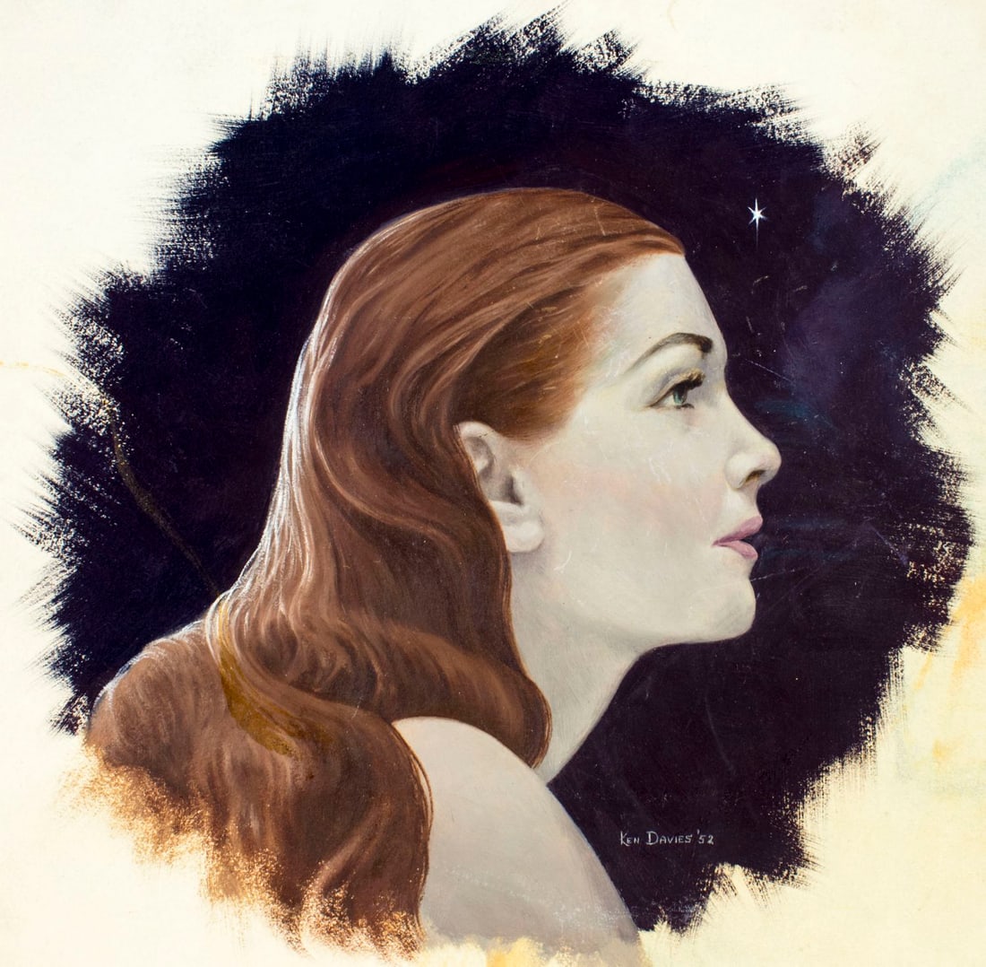 Ken Davies (CT,MA,1925-2017) gouache painting: ARTIST: Kenneth Davies (Connecticut, Massachusetts, 1925 - 2017) TITLE: Illustration - Side Portrait of Woman YEAR: 1952 MEDIUM: gouache on board CONDITION: