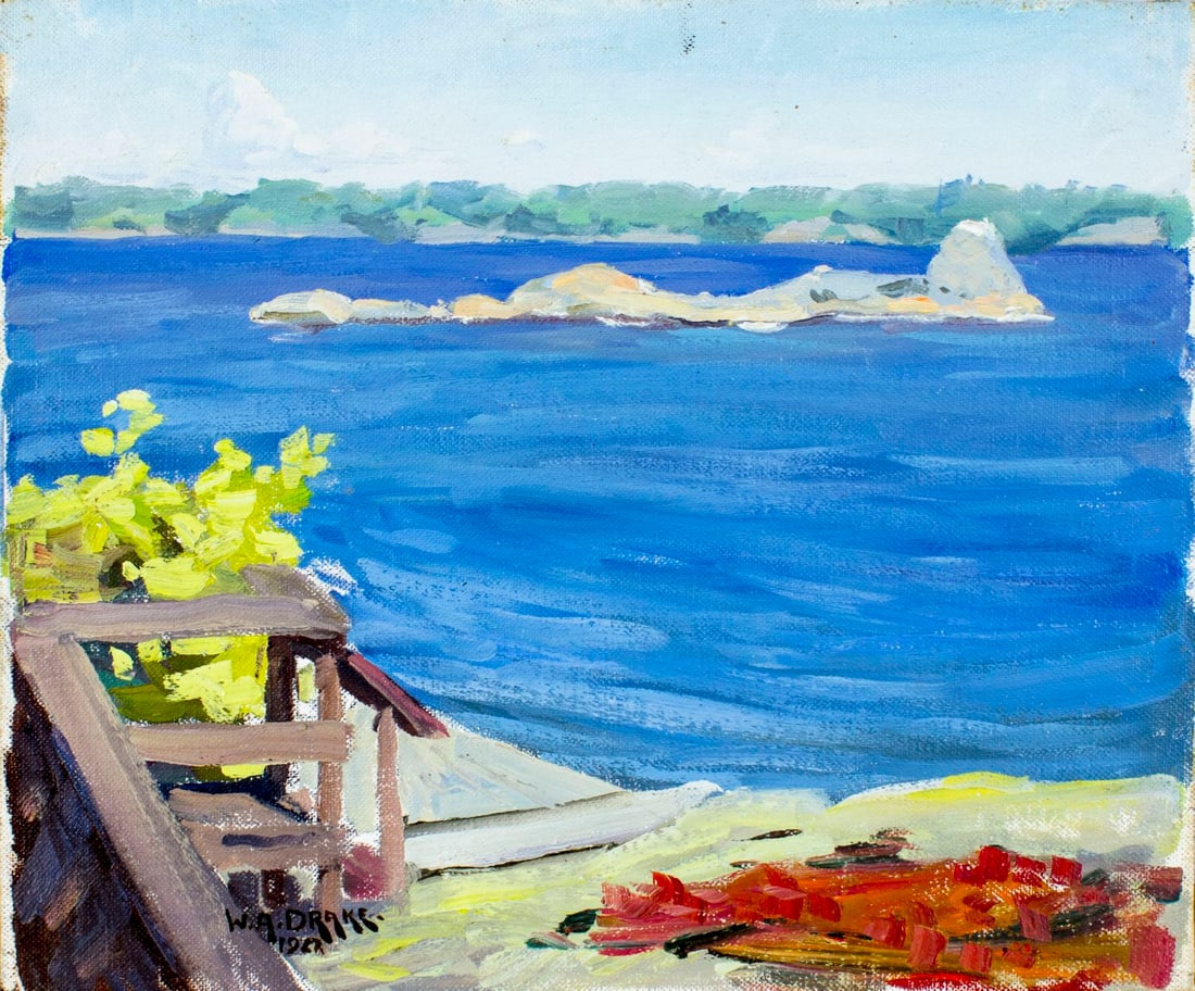 William A Drake (Canada,1891-1979) oil painting: ARTIST: William Alexander Drake (Canadian, 1891 - 1979) NAME: Landscape - Georgian Bay (titled on verso) YEAR: 1976 MEDIUM: oil on canvas board CONDITION: Very good. No v