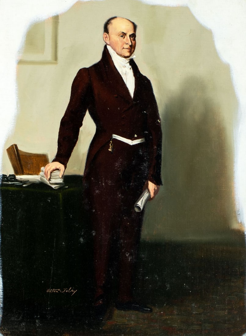Alton Tobey (CT,1914-2005) oil painting: ARTIST: Alton Stanley Tobey (Connecticut, 1914 - 2005) TITLE: President John Quincy Adams MEDIUM: oil on canvas board CONDITION: Some scratches/paint losses. No visible in