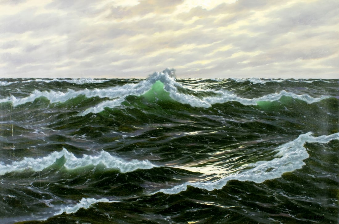 Hans Durr (German,1913-1993) oil painting: ARTIST: Hans Durr (Germany, 1913 - 1993) TITLE: Seascape MEDIUM: oil on canvas CONDITION: Unstretched (In-House stretching available). Minor scratches/paint losses. No vis