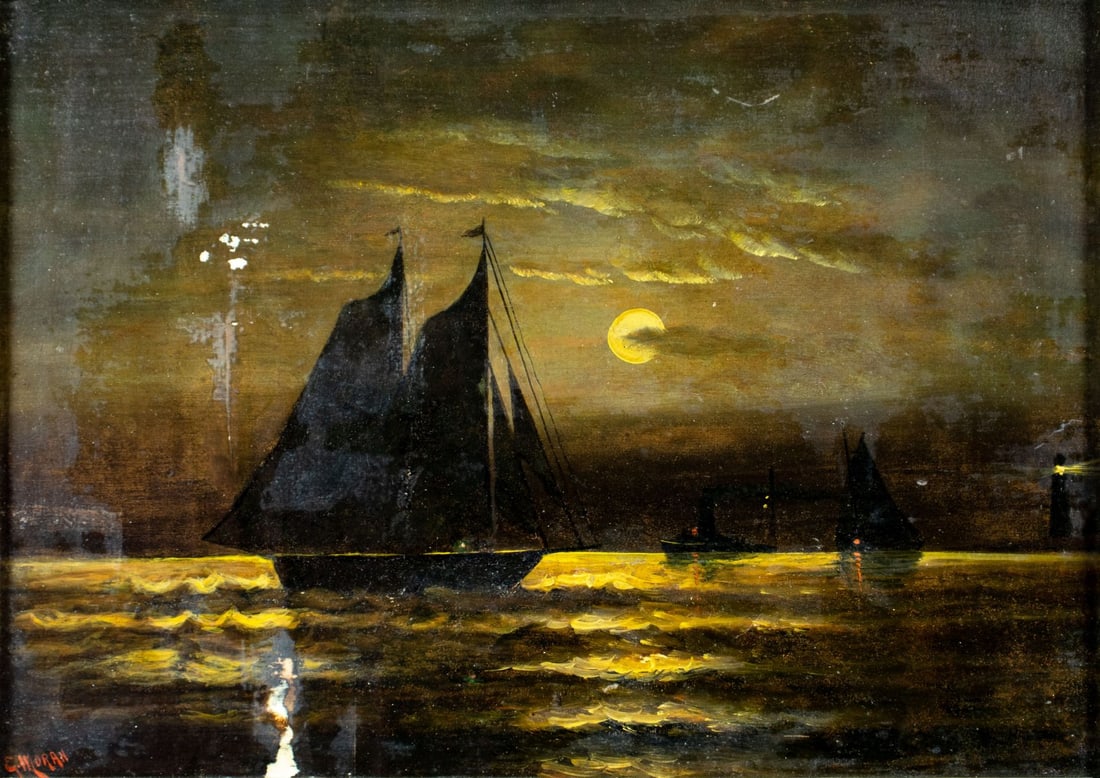 AFTER Edward Moran (PA,NY,1829-1901) oil painting antique: ARTIST: AFTER Edward Moran (Pennsylvania, New York, 1829 - 1901) TITLE: Moonlit Seascape with Sailboats MEDIUM: oil on board CONDITION: Some scratches/paint losses. Some s