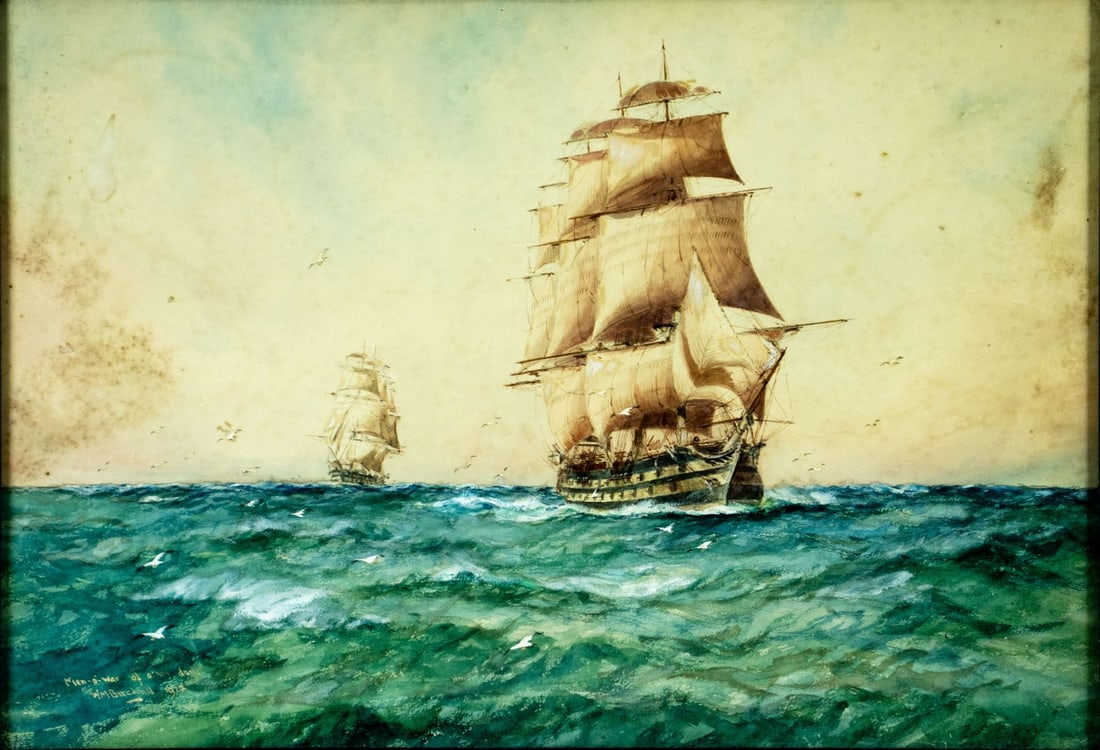 William Birchall (IA,UK,1884-1941) watercolor painting antique: ARTIST: William Minshall Birchall (Iowa, Unitited Kingdom, 1884 - 1941) TITLE: Sail Ships YEAR: 1924 MEDIUM: watercolor on paper CONDITION: Some foxing