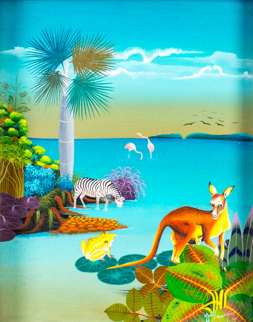 Myrtil Benson (Haiti,PA,b 1965) oil painting: ARTIST: Myrtil Benson (Haitian,Pennsylvania, born 1965) TITLE: Haitian Landscape MEDIUM: oil on board CONDITION: Very good. No visible inpaint under UV light. AR