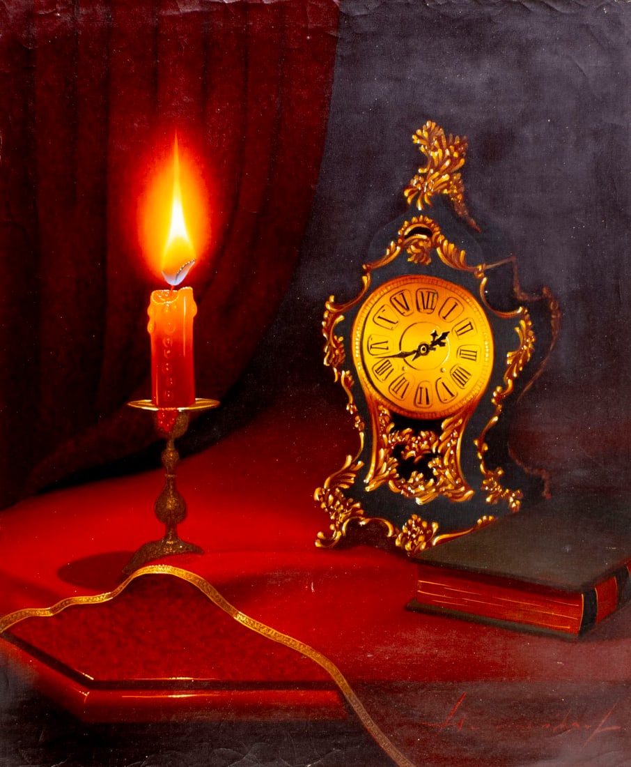 Alois M Hennersdorf (German,1927-?) oil painting: ARTIST: Alois M Hennersdorf(Germany, 1927 - ???) TITLE: Still Life with Clock, Book and Candle MEDIUM: oil on canvas CONDITION: Unstretched (In-House stretching available)
