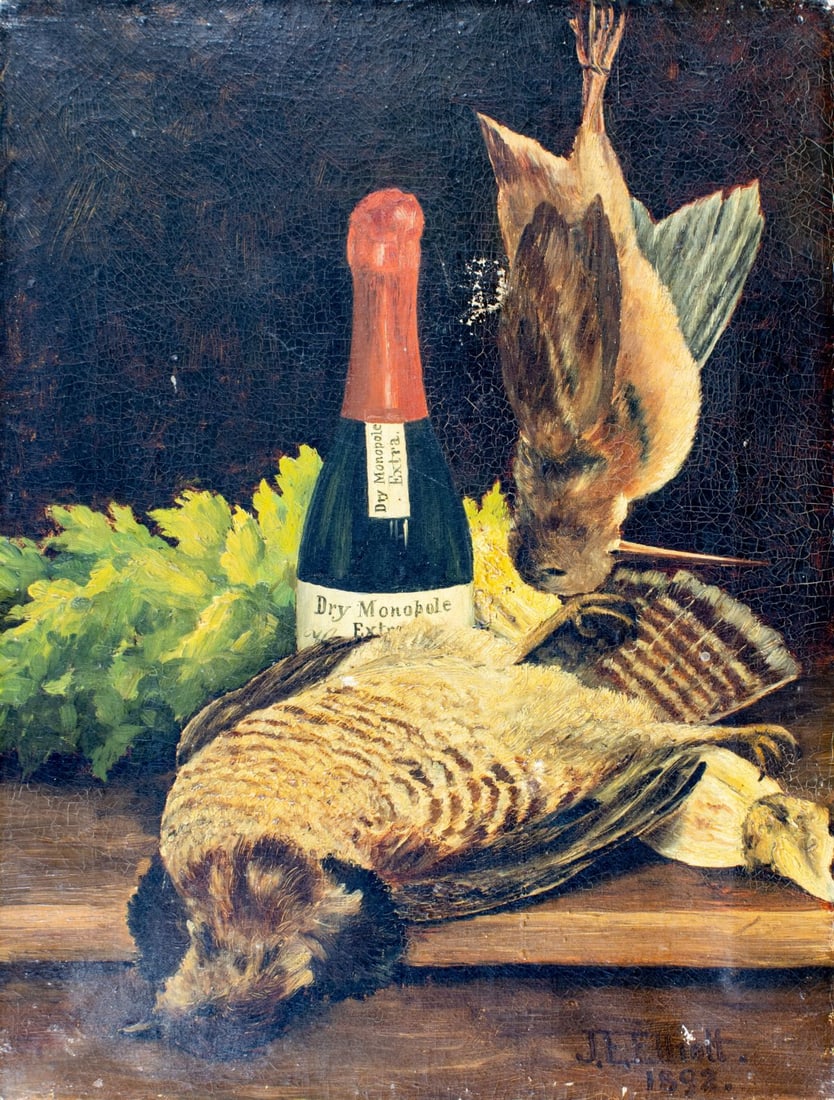 J E Elliott (Europe,19C) oil painting antique: ARTIST: J E Elliott (European, 19 century) TITLE: Still Life with Dead Game YEAR: 1892 MEDIUM: oil on canvas CONDITION: One patch. Some paint losses. Som