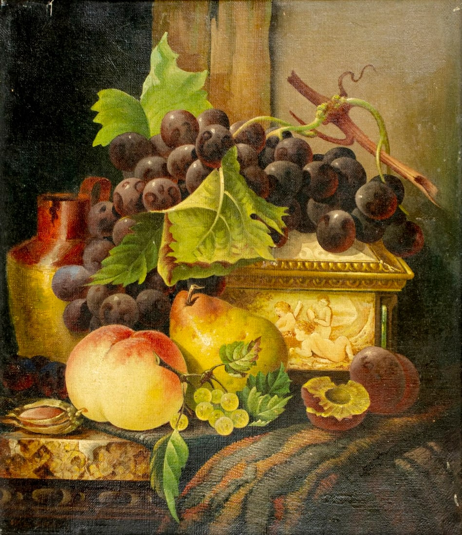 W L Bray (Europe,19C) oil painting antique: ARTIST: W L Bray (European, 19 century) TITLE: Still Life with Fruit MEDIUM: oil on canvas CONDITION: Relined. Few small scratches/paint losses mostly along edges. Some sca