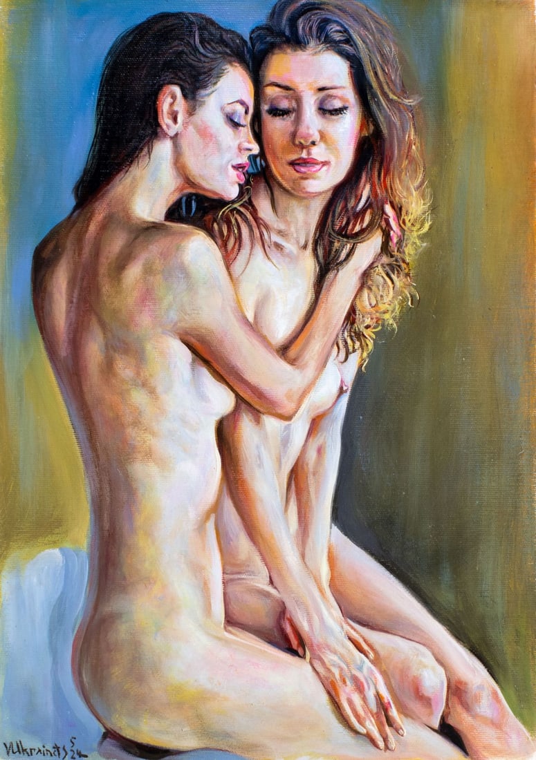 Valentin Ukrainets (Ukraine,b 1965) oil painting: ARTIST: Valentin Ukrainets (Ukrainian, born 1965) TITLE: Nudes - The Tender Love of Two (titled on verso) MEDIUM: oil on canvas CONDITION: Unstretched (In-House stretching a