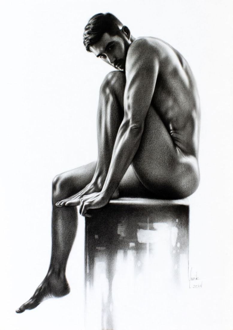 Yaroslav Novostavskiy (Ukraine,b 1989) dry brush oil painting: ARTIST: Yaroslav Novostavskiy (Ukrainian, born 1989) TITLE: Male Nude MEDIUM: dry brush oil on heavy paper CONDITION: Very good. ART SIZE: 17 x 12 inches