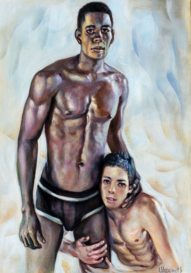 Valentin Ukrainets (Ukraine,b 1965) oil painting: ARTIST: Valentin Ukrainets (Ukrainian, born 1965) TITLE: Male Nudes - Black and White (titled on verso) MEDIUM: oil on canvas CONDITION: Unstretched (In-House stretching ava