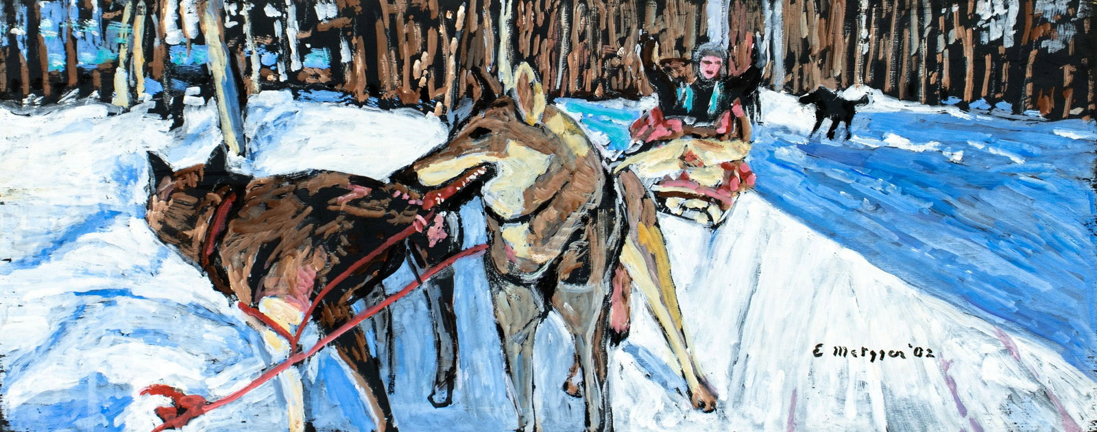 Evelyn Metzger (NY,Brazil,1911-2007) oil painting: ARTIST: Evelyn Borchard Metzger (New York, Brazilian, 1911 - 2007) TITLE: Dog Sledding YEAR: 2002 MEDIUM: oil on board CONDITION: Some small scratches/