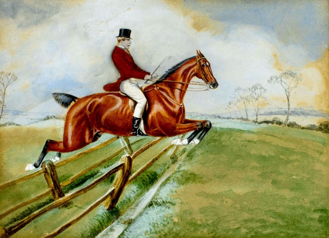 Antique 19/20C British watercolor painting: ARTIST: - (United Kingdom, 19/20 centuries) TITLE: Man on Horse MEDIUM: watercolor on paper CONDITION: Some scratches/paint losses. Some age toning. Framed under glass.