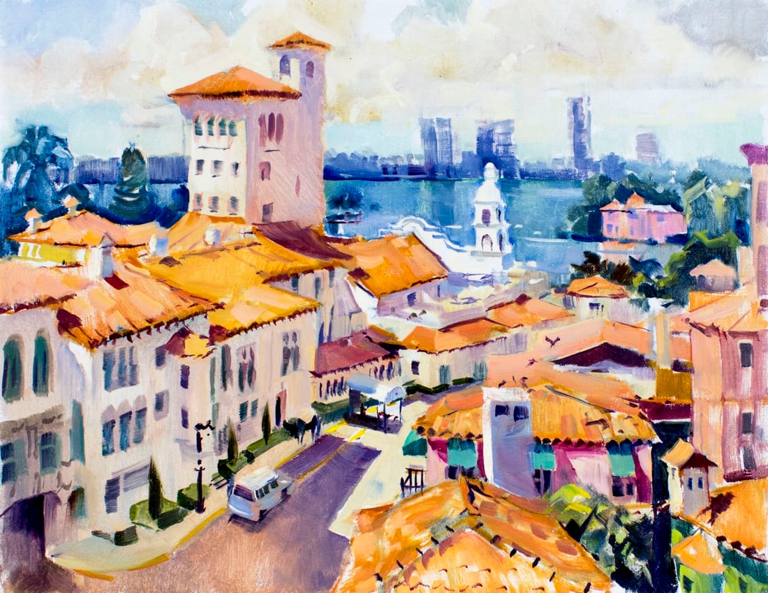 Peter Williams (NY,New Zealand,1934-2018) oil painting: ARTIST: Peter Williams (New York, New Zealand, 1934 - 2018) TITLE: Cityscape - Palm Beach, FL MEDIUM: oil on canvas CONDITION: Very good. No visible inpaint under UV light.<