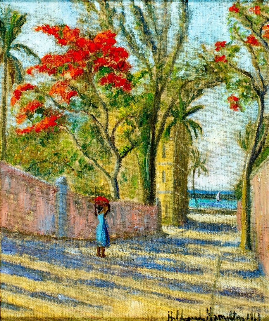 Hildegarde Hamilton (FL,VA,1898-1970) oil painting: ARTIST: Hildegarde Hume Hamilton (Florida, Virginia, 1898 - 1970) TITLE: Coastal Town Street Scene YEAR: 1968 MEDIUM: oil on canvas CONDITION: Overall