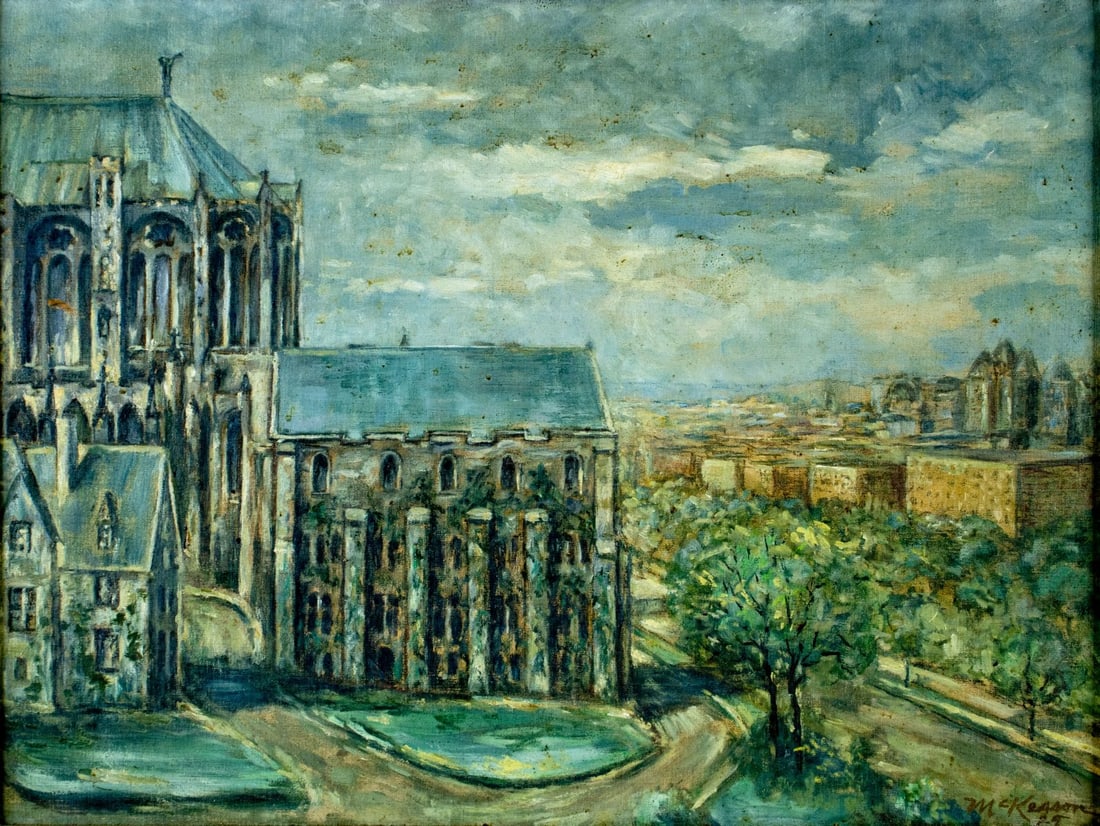 John Alexander Mckesson (Europe,1880-?) oil painting antique: ARTIST: John Alexander Mckesson (European, 1880 - ???) TITLE: Cathedral Cityscape YEAR: 1929 MEDIUM: oil on canvas CONDITION: One small patch with cor