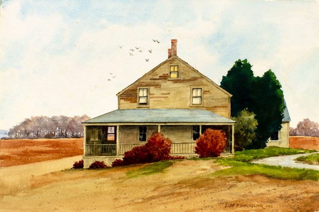 Eliot Batchelder (MA,1901-2003) watercolor painting: ARTIST: Eliot P Batchelder (Massachusetts, 1901 - 2003) TITLE: Old House at Essex, MA YEAR: 1975 MEDIUM: watercolor on heavy paper CONDITION: Some fox