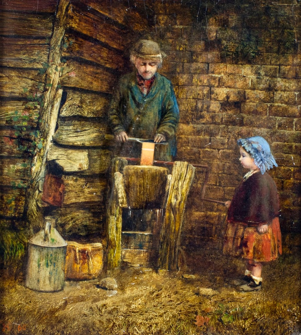 John Henry Dell (UK,1836-1888) oil painting antique: ARTIST: John Henry Dell (United Kingdom, 1836 - 1888) TITLE: Knife Grinder YEAR: 1860 MEDIUM: oil on board CONDITION: Few very minor paint losses. Very