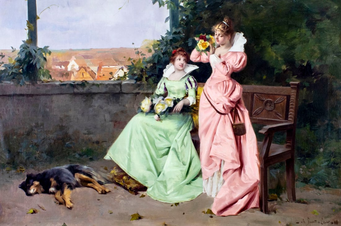 De Saint Leon (France,19C) oil painting antique: ARTIST: De Saint Leon (French, 19 century) TITLE: Two Ladies on the Bench MEDIUM: oil on canvas CONDITION: Relined. Few minor paint losses. Some stable craquelure. Some scat