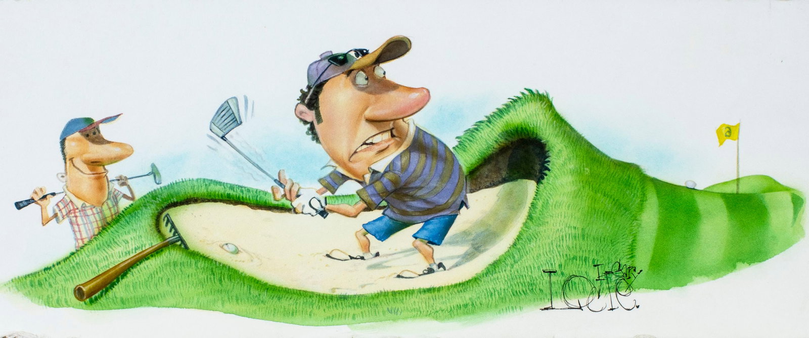 Gary Locke (MO,b 1963) watercolor painting: ARTIST: Gary Locke (Missouri, born 1963) TITLE: Golf Scene MEDIUM: watercolor and gouache on board CONDITION: Some damahes to lower edge. ART SIZE: 6 x 1