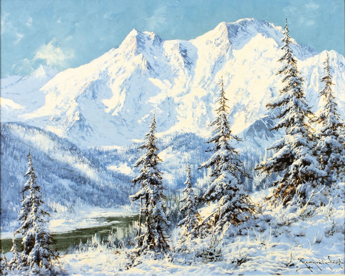 Laszlo Neogrady (Hungary,1896-1962) oil painting: ARTIST: Laszlo Neogradi (Hungarian, 1896 - 1962) TITLE: Winter Alpine Landscape MEDIUM: oil on canvas CONDITION: Very good. No visible inpaint under UV light. Minor damage