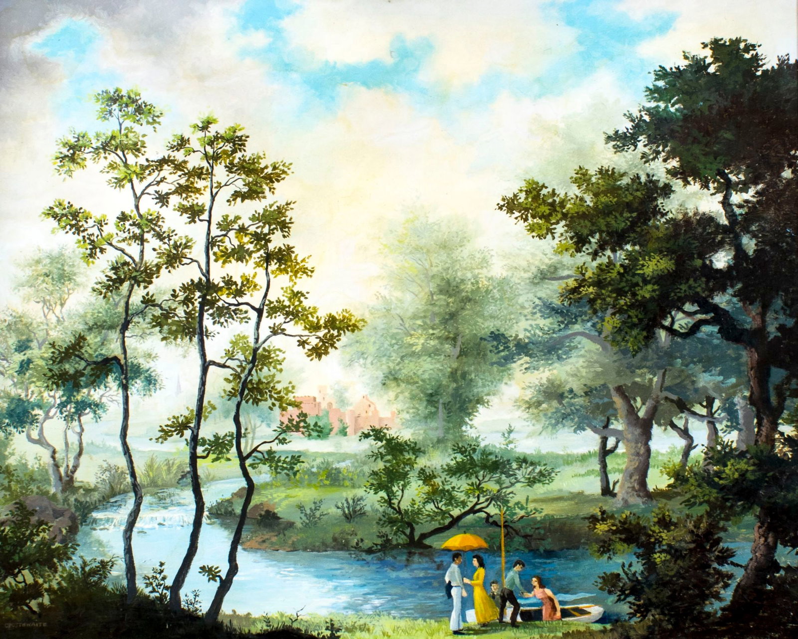 Paul Crosthwaite (NY,1911-1981) oil painting: ARTIST: Paul Crosthwaite (New York, 1911 - 1981) TITLE: River Landscape with Figures MEDIUM: oil on board CONDITION: Very good. Minor craquelure. No visible inpaint under UV