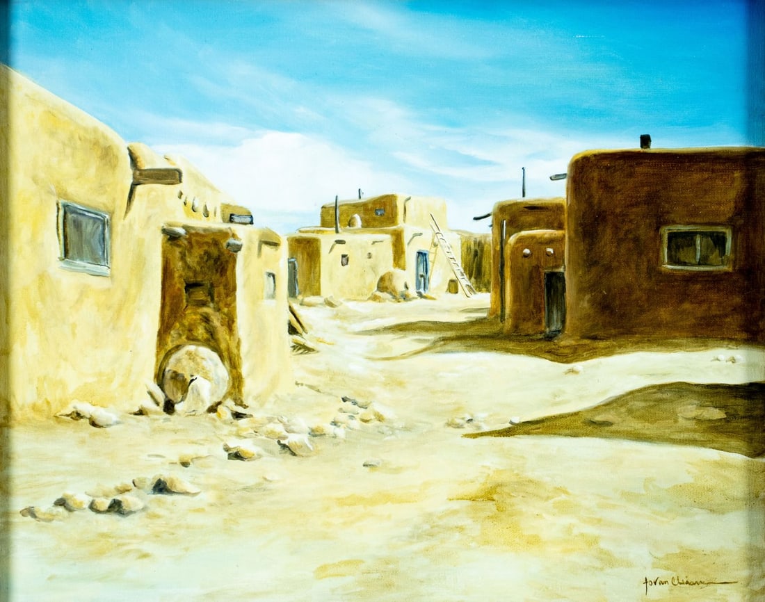 Joann van Cleave (US,20C) oil painting: ARTIST: Joann van Cleave (American, 20 century) TITLE: Taos Pueblo, NM MEDIUM: oil on canvas CONDITION: Very good. No visible inpaint under UV light. ART SIZE:</