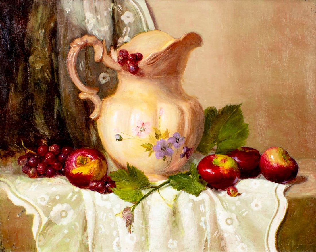 Suhua Zhu (US,China,20C) oil painting: ARTIST: Suhua Zhu (American, Chinese, 20 century) TITLE: Still Life with Jug, Grapes and Apples MEDIUM: oil on canvas CONDITION: Unstretched (In-House stretching available).