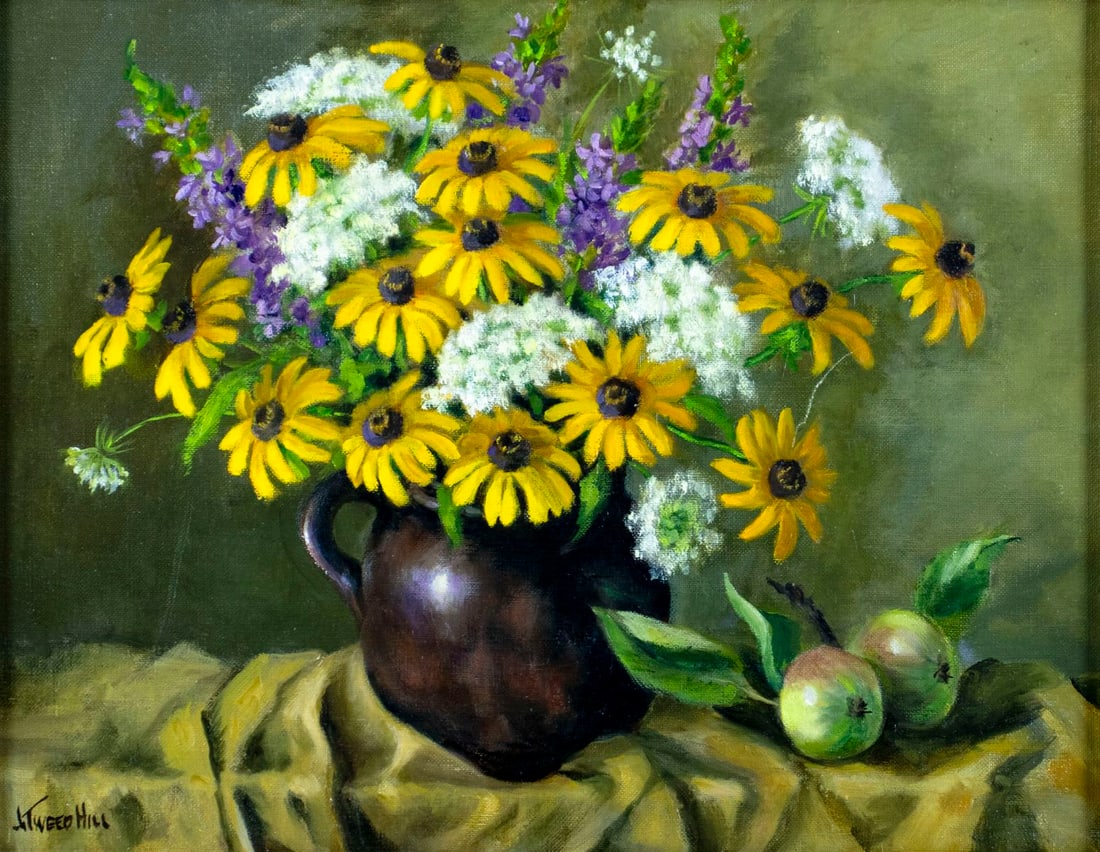 J Tweed Hill (MA,20C) oil painting: ARTIST: J Tweed Hill (Massachusetts, 20 century) TITLE: Still Life - Black-Eyed Susans MEDIUM: oil on canvas CONDITION: Very good. No visible inpaint under UV light. Wear to