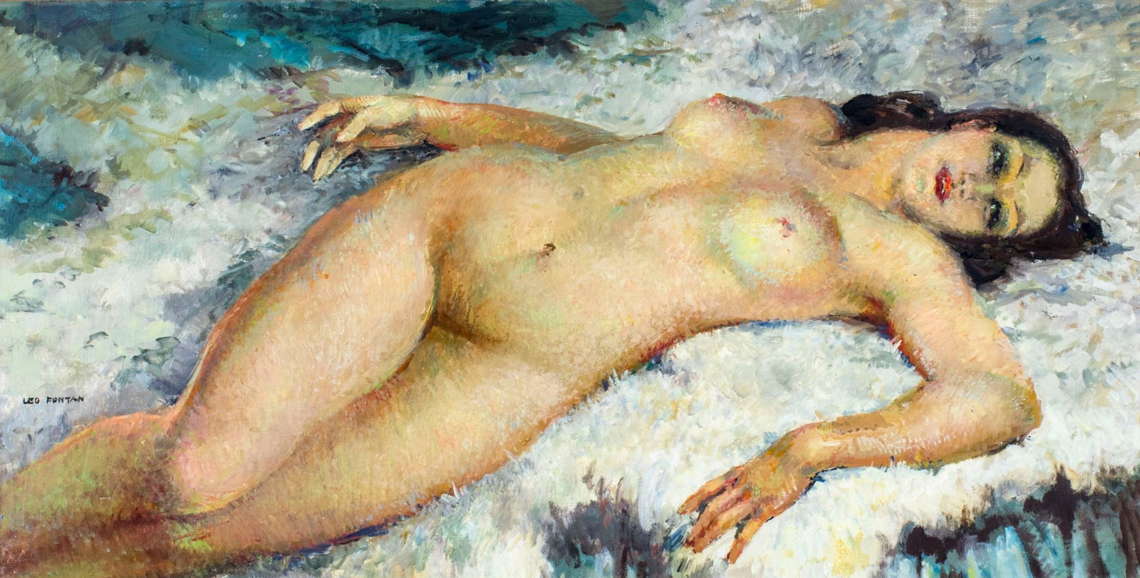 Leo Fontan (French,1884-1965) oil painting: ARTIST: Leo Fontan (France, 1884 - 1965) NAME: Reclining Nude MEDIUM: oil on canvas CONDITION: One puncture. Very minor craquelure. No visible inpaint under UV light. SIGHT SIZE: 20 x 39