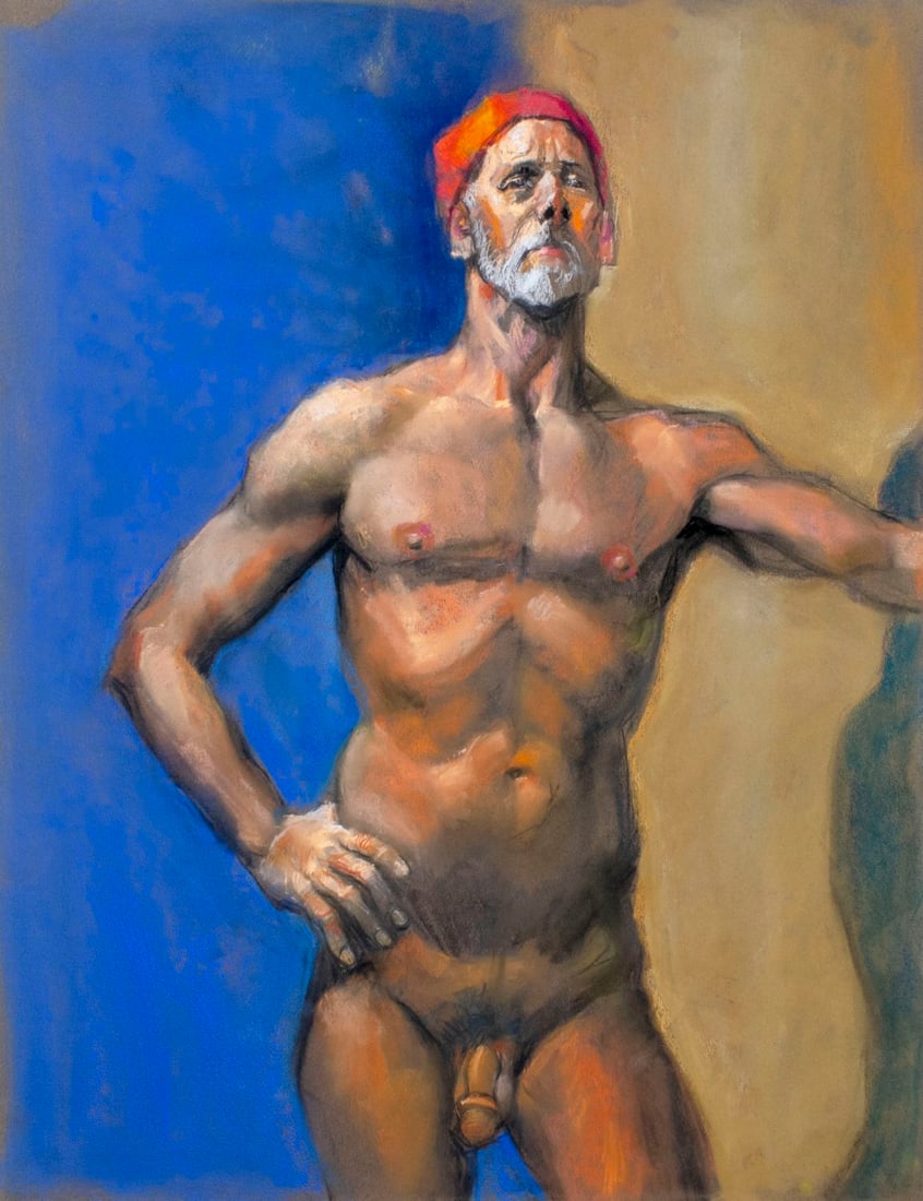 Karl Foster (PA,b 1933) pastel painting: ARTIST: Karl Foster (Pennsylvania, born 1933) TITLE: Male Nude MEDIUM: pastel on heavy paper CONDITION: Very good. ART SIZE: 26 x 20 inches / 66 x 50 cm<
