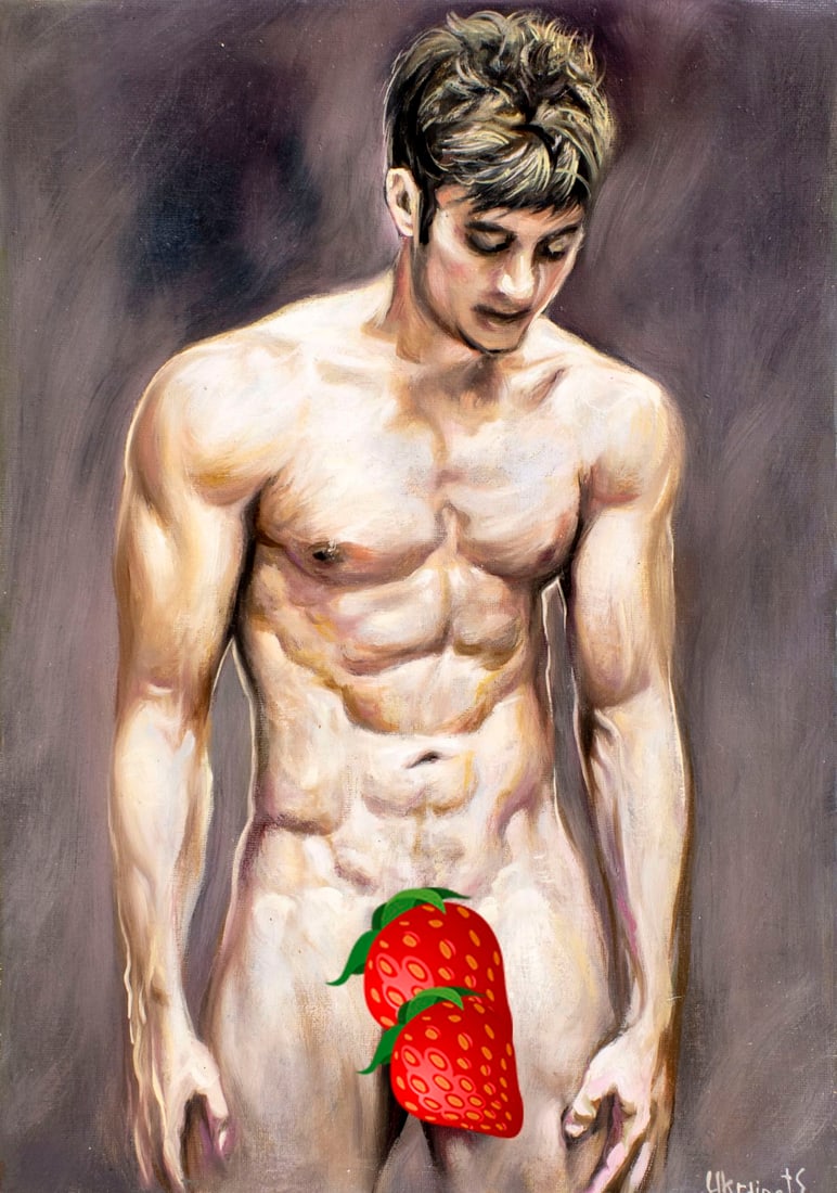 Valentin Ukrainets (Ukraine,b 1965) oil painting: ARTIST: Valentin Ukrainets (Ukrainian, born 1965) TITLE: Male Nude - Muscular Young Man on a Dark Background (titled on verso) MEDIUM: oil on canvas CONDITION: Unstretched (