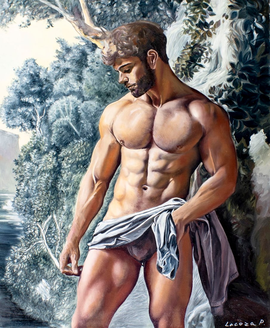 Pavel Lacoza (Ukraine,b 1975) oil painting: ARTIST: Pavel Lacoza (Ukrainian, born 1975) TITLE: Male Semi Nude - Garden of Eden (titled on verso) MEDIUM: oil on canvas CONDITION: Unstretched (In-House stretching availa