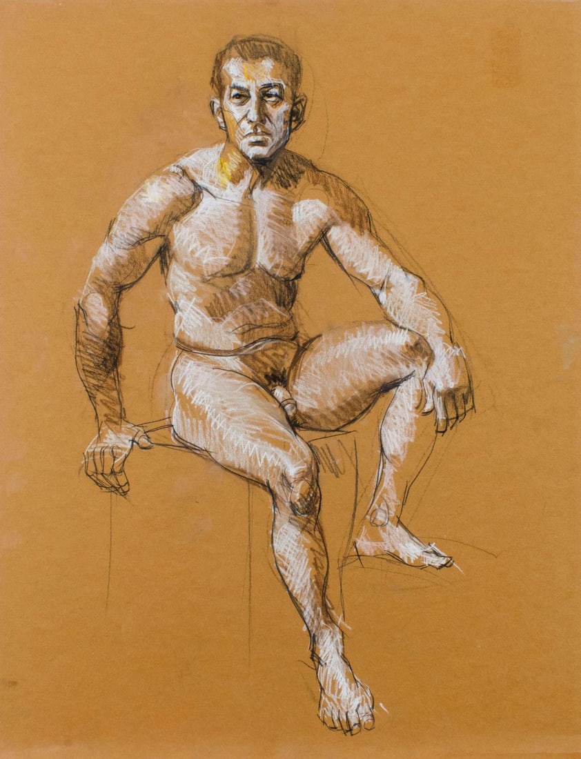 Karl Foster (PA,b 1933) pastel painting: ARTIST: Karl Foster (Pennsylvania, born 1933) TITLE: Male Nude MEDIUM: pastel on paper CONDITION: Very good. ART SIZE: 26 x 20 inches / 66 x 50 cm