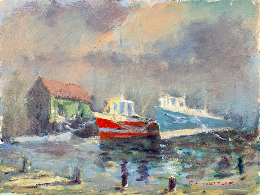 Robert Waltsak (NJ,b 1944) oil painting: ARTIST: Robert Alan Waltsak (New Jersey, born 1944) TITLE: Harbor Scene MEDIUM: oil on canvas. Canvas applied to board. CONDITION: Very good. No visible inpaint under UV lig