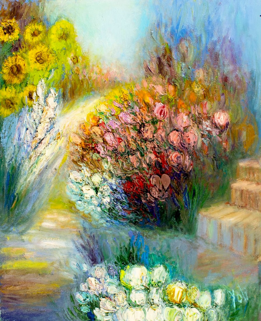 Yolanda Razzeto (Peru,1948-?) oil painting: ARTIST: Yolanda Razzeto (Peruvian, 1948 - ???) TITLE: Garden Landscape with Flower Bush MEDIUM: oil on canvas CONDITION: Unstretched (In-House stretching available). Missi