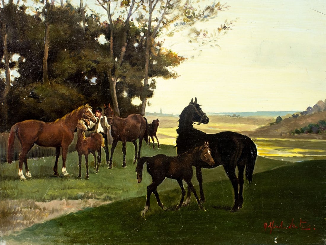 Alfredo Santini (Italy,1931-?) oil painting: ARTIST: Alfredo Santini (Italian, 1931 - ???) TITLE: Horses MEDIUM: oil on board CONDITION: Few small scratches/paint losses. No visible inpaint under UV light.