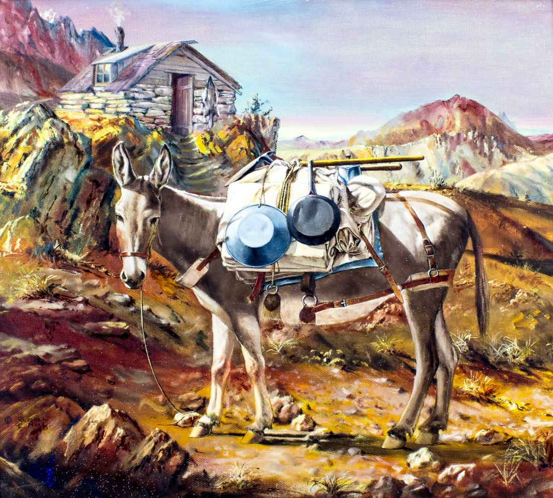 Rusell E Hill (US,20C) oil painting: ARTIST: Rusell E Hill (American, 20 century) TITLE: A Miners Mule (titled on verso) YEAR: 1972 MEDIUM: oil on board CONDITION: Very good. No visible inpa