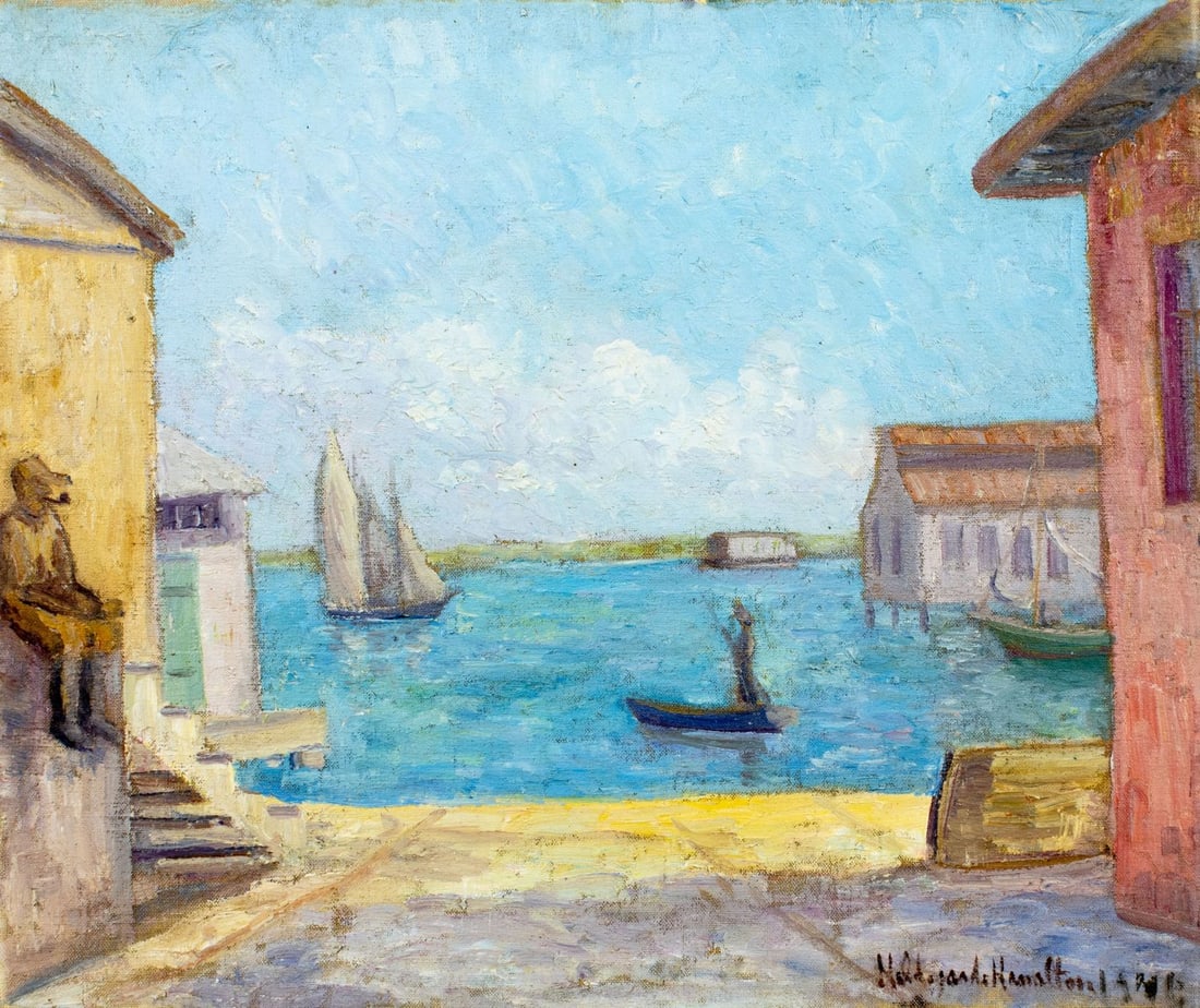 Hildegarde Hamilton (FL,VA,1898-1970) oil painting: ARTIST: Hildegarde Hume Hamilton (Florida, Virginia, 1898 - 1970) TITLE: Coastal Town Scene with Boats YEAR: 1946 MEDIUM: oil on canvas CONDITION: Few