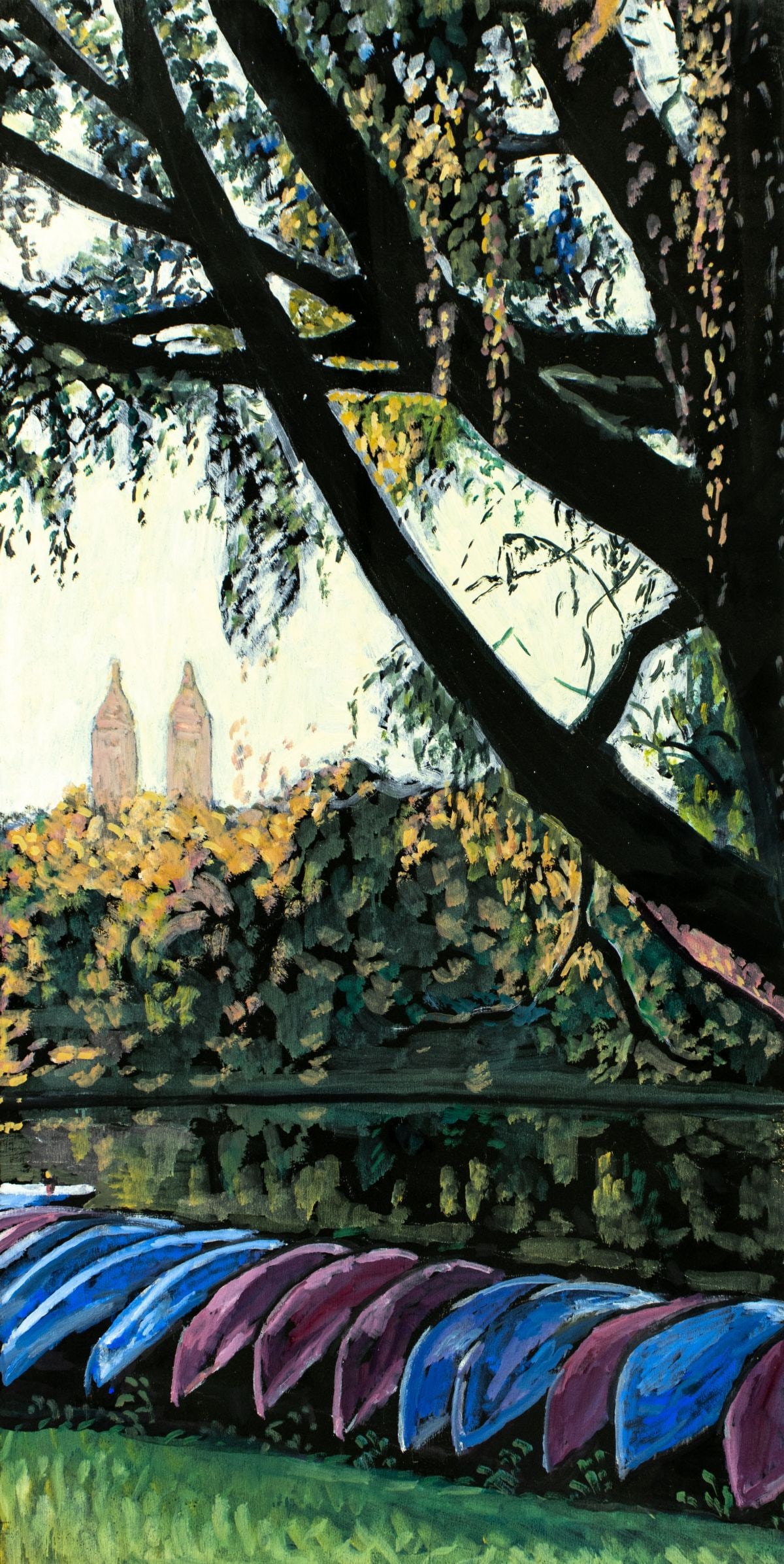 Evelyn Metzger (NY,Brazil,1911-2007) oil painting: ARTIST: Evelyn Borchard Metzger (New York, Brazilian, 1911 - 2007) TITLE: Resting Rowboats (titled on verso) MEDIUM: oil on board CONDITION: Overall good. No visible inpai