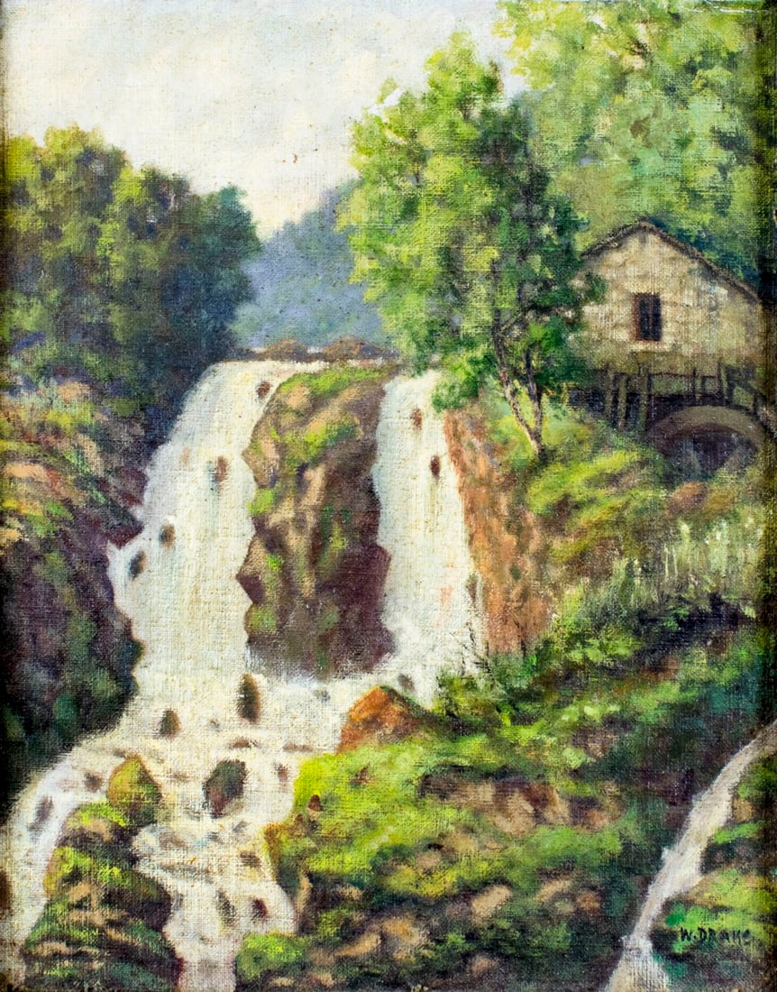 William A Drake (Canada,1891-1979) oil painting: ARTIST: William Alexander Drake (Canadian, 1891 - 1979) NAME: Waterfall Landscape MEDIUM: oil on canvas board CONDITION: Minor damages to edges. No visible inpaint under UV light. SIGHT S
