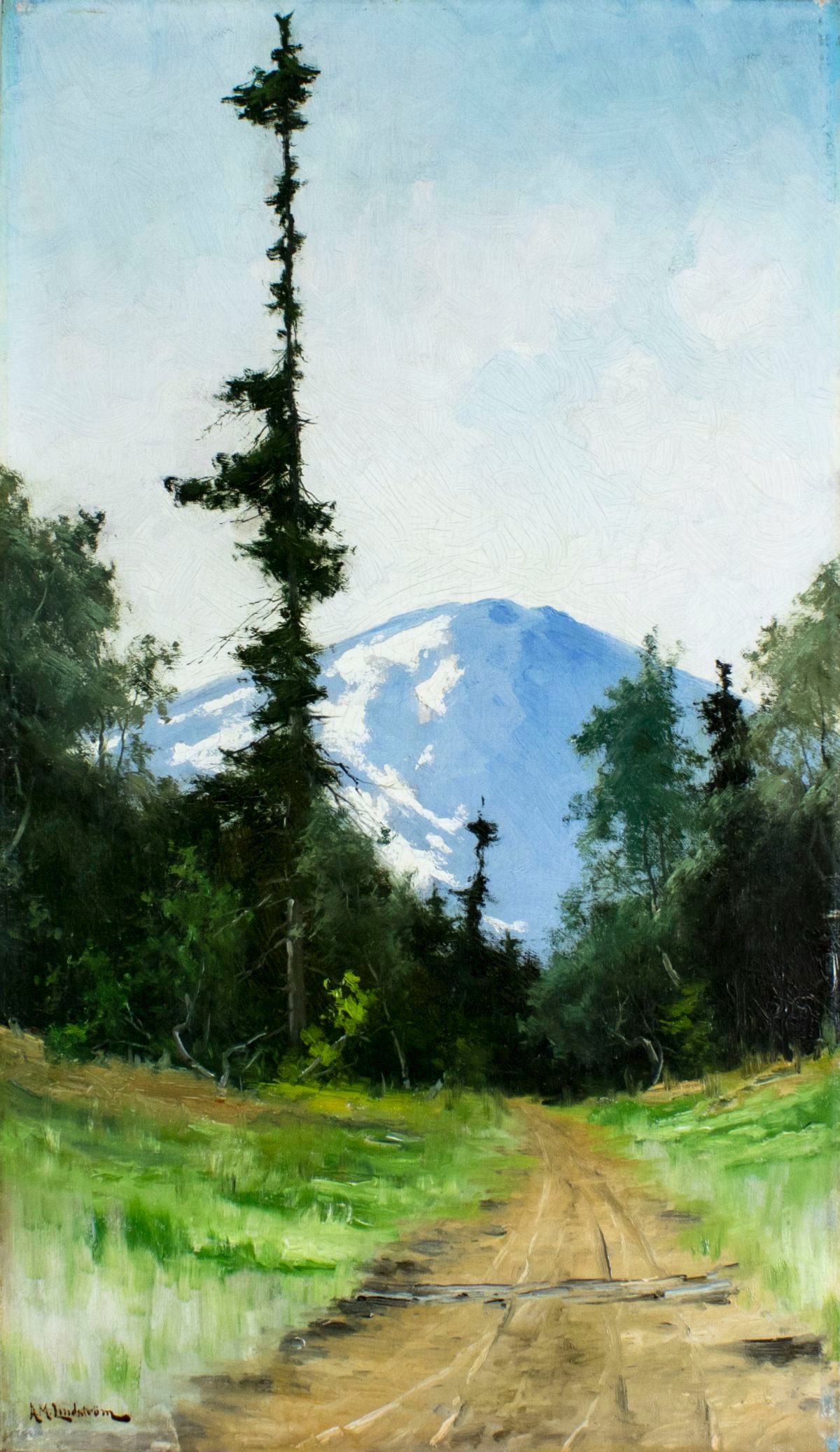 Arvid Mauritz Lindstrom (Sweden,1849-1923) oil painting antique: ARTIST: Arvid Mauritz Lindstrom (Swedish, 1849 - 1923) NAME: Alpine Landscape MEDIUM: oil on canvas CONDITION: Some craquelure. No visible inpaint under UV light. SIGHT SIZE: 32 x 18 inch