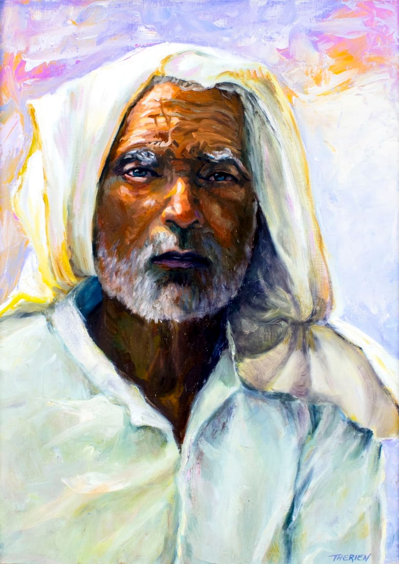 Joan Therien (NY,FL,20/21C) oil painting: ARTIST: Joan Therien (New York, Florida, 20/21 centuries) TITLE: Portrait of Oriental Man - Om MEDIUM: oil on canvas CONDITION: Very good. No visible inpaint under UV light.