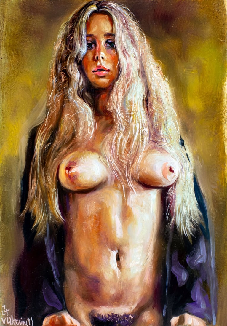 Valentin Ukrainets (Ukraine,b 1965) acrylic painting: ARTIST: Valentin Ukrainets (Ukrainian, born 1965) TITLE: Nude - The Hippie Girl is Pretty (titled on verso) MEDIUM: acrylic on heavy paper CONDITION: Very good. No visible i